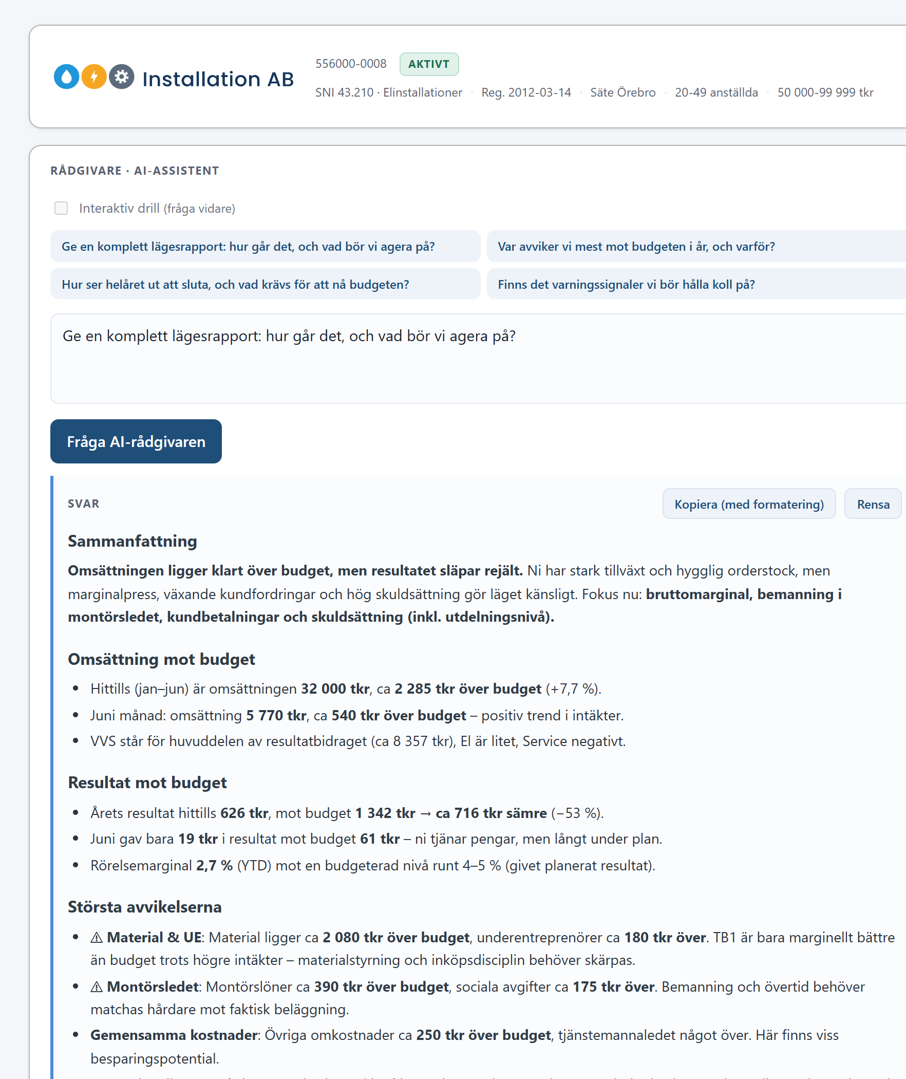 AI-rådgivarens svar i Verksamhetskoll på den första färdiga frågan, en komplett lägesrapport: sammanfattning, omsättning och resultat mot budget och de största avvikelserna per kostnadsställe