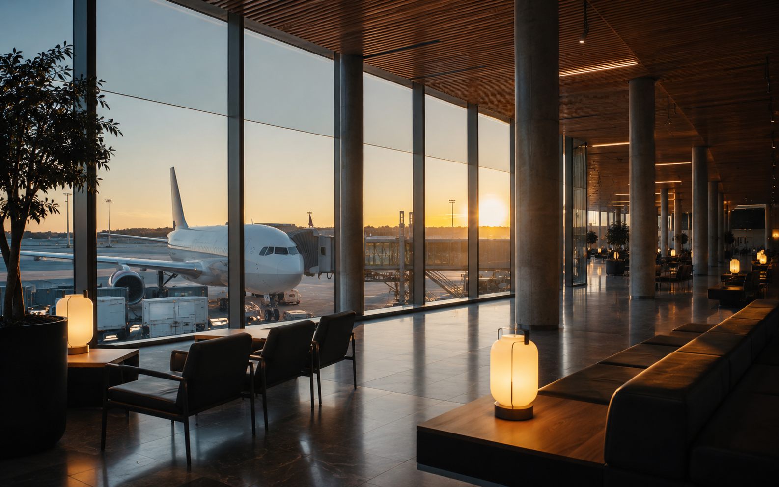 Flygplatsterminal med flygplan synliga utanför fönstren
